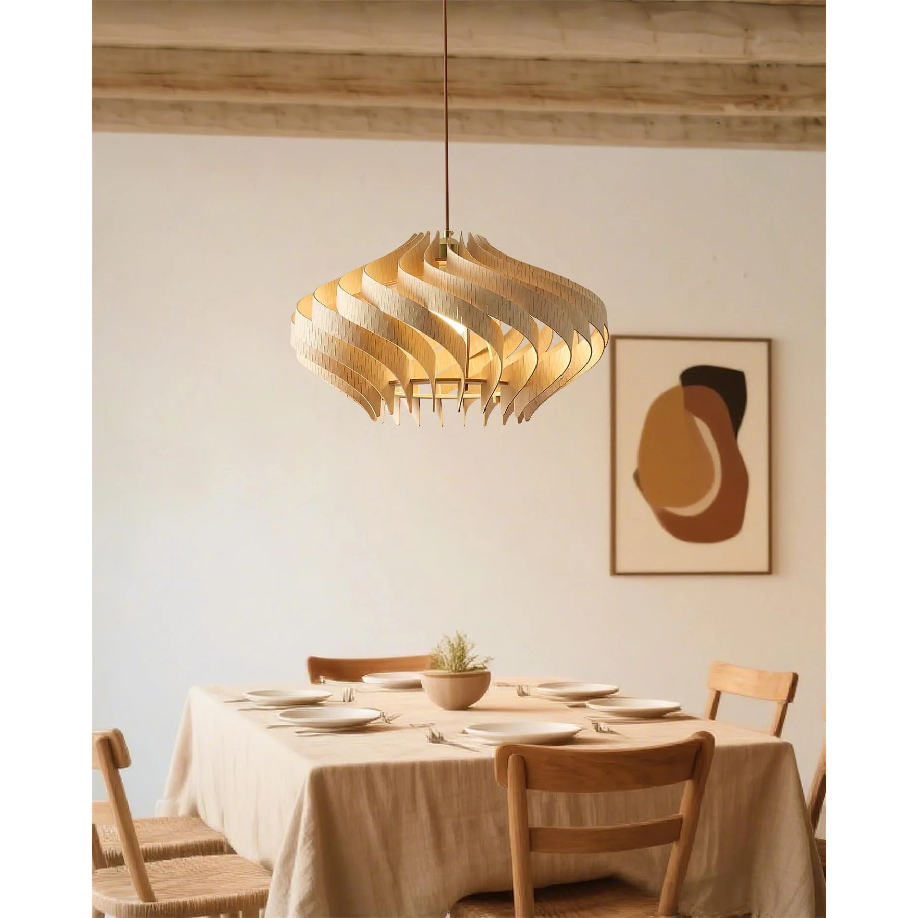 Japandi Houten Hanglamp met Spiraalvormige Lamellen