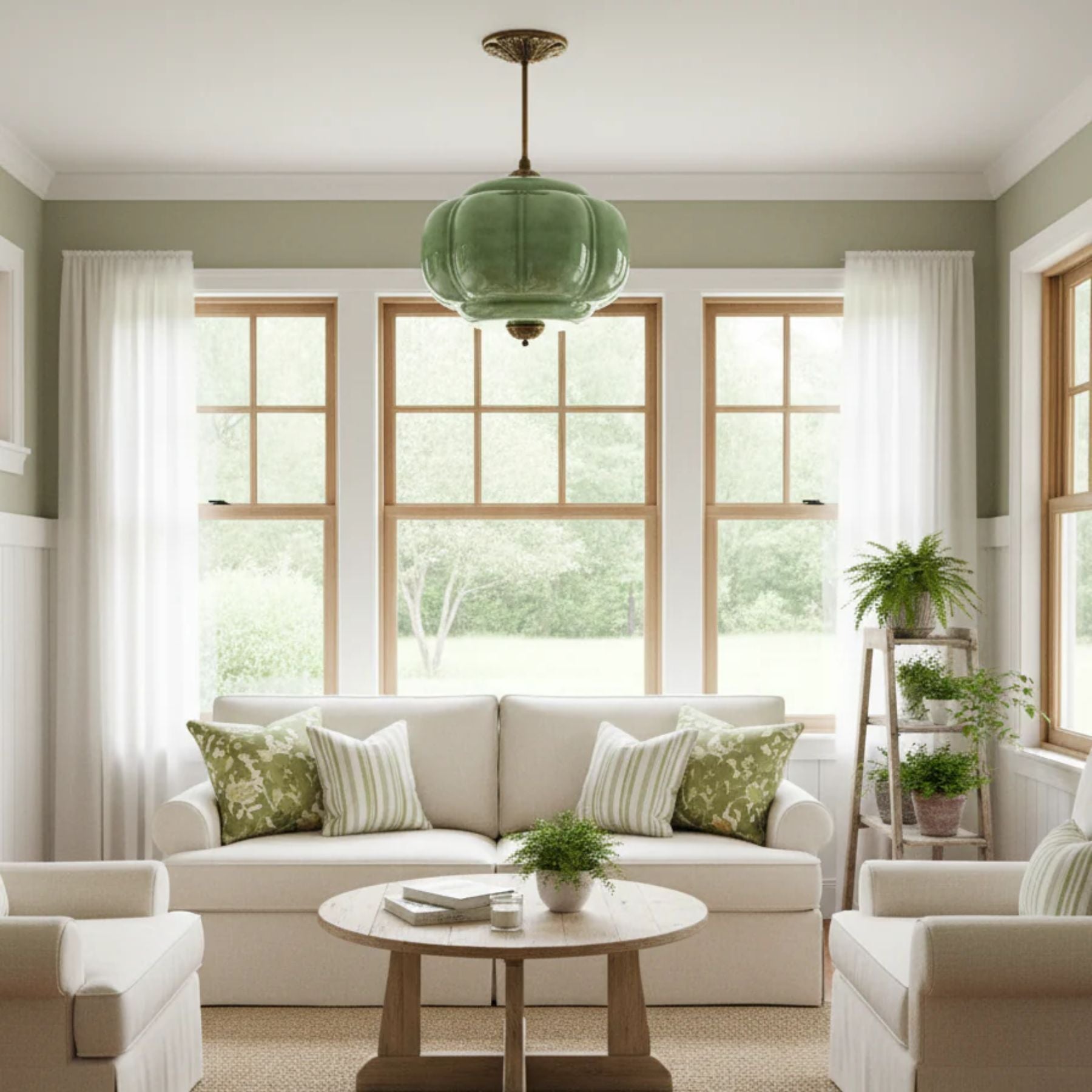 Vintage Glazen Plafondlamp met Pompoenvormige Kap