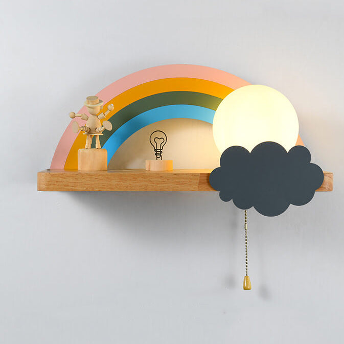 Regenboog Cartoon Wandlamp van Glas met Houten & Metalen Accenten – 4 Kleuren, 3 Lichtstanden