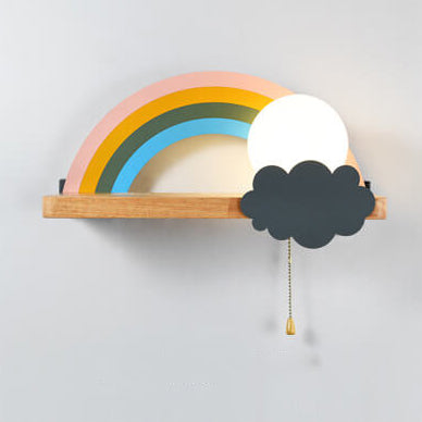 Regenboog Cartoon Wandlamp van Glas met Houten & Metalen Accenten – 4 Kleuren, 3 Lichtstanden