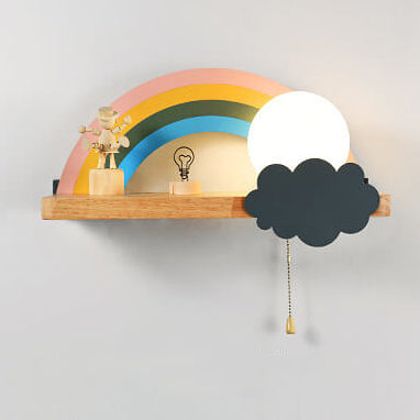 Regenboog Cartoon Wandlamp van Glas met Houten & Metalen Accenten – 4 Kleuren, 3 Lichtstanden