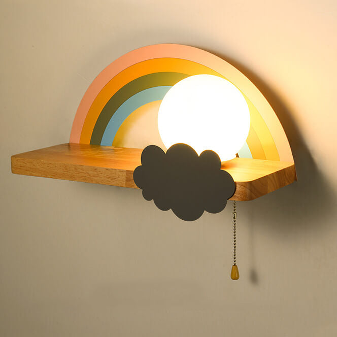 Regenboog Cartoon Wandlamp van Glas met Houten & Metalen Accenten – 4 Kleuren, 3 Lichtstanden