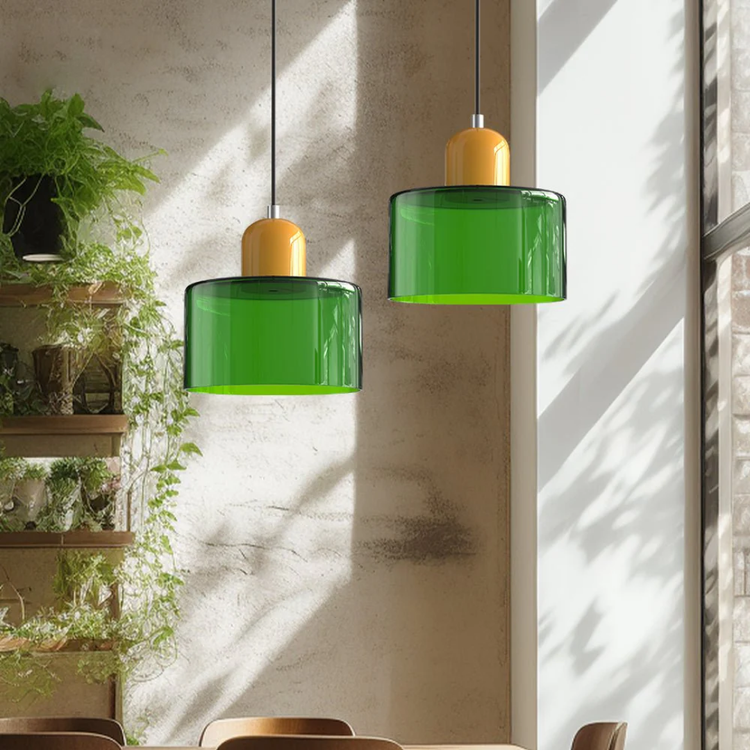 Retro Hanglamp met Oranje Glazen Kap & Groene Bovenzijde