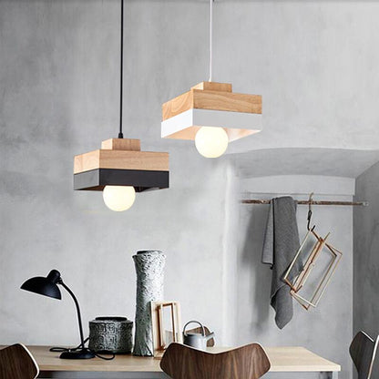 Moderne Hanglamp van Metaal en Hout – Zwart of Wit met Verstelbaar Snoer