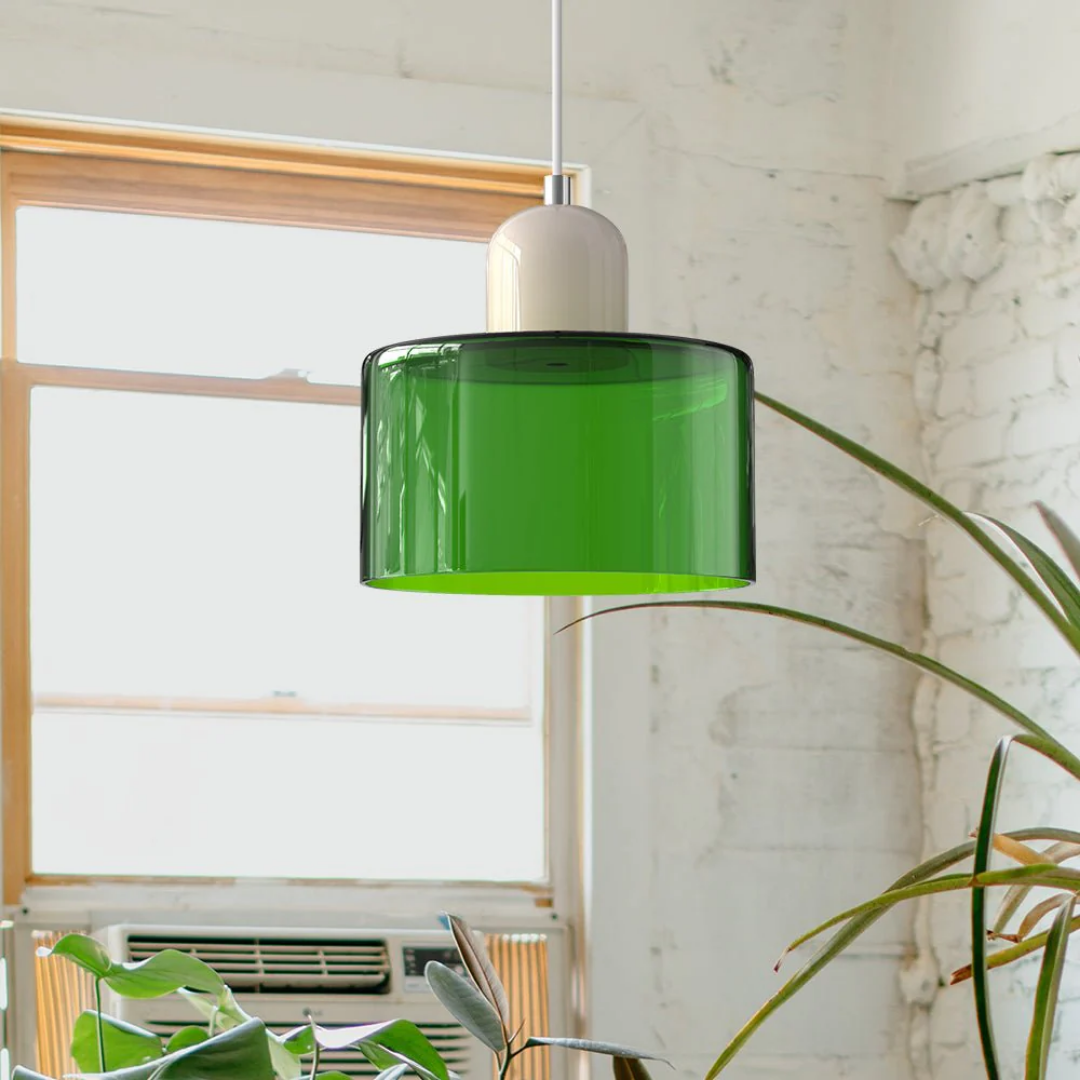 Retro Hanglamp met Oranje Glazen Kap & Groene Bovenzijde