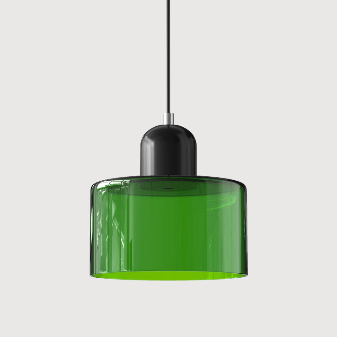 Retro Hanglamp met Oranje Glazen Kap & Groene Bovenzijde