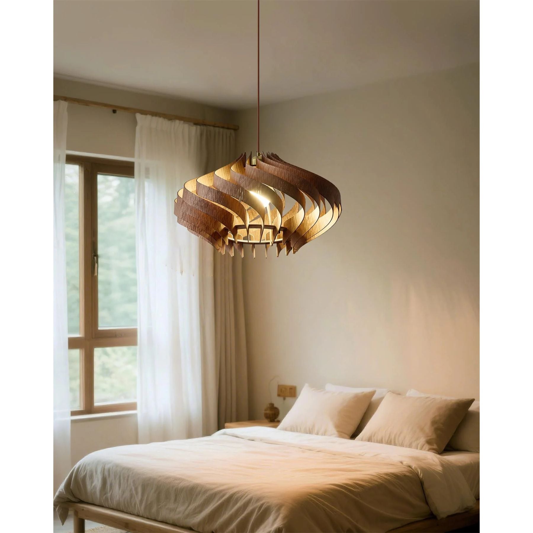 Japandi Houten Hanglamp met Spiraalvormige Lamellen