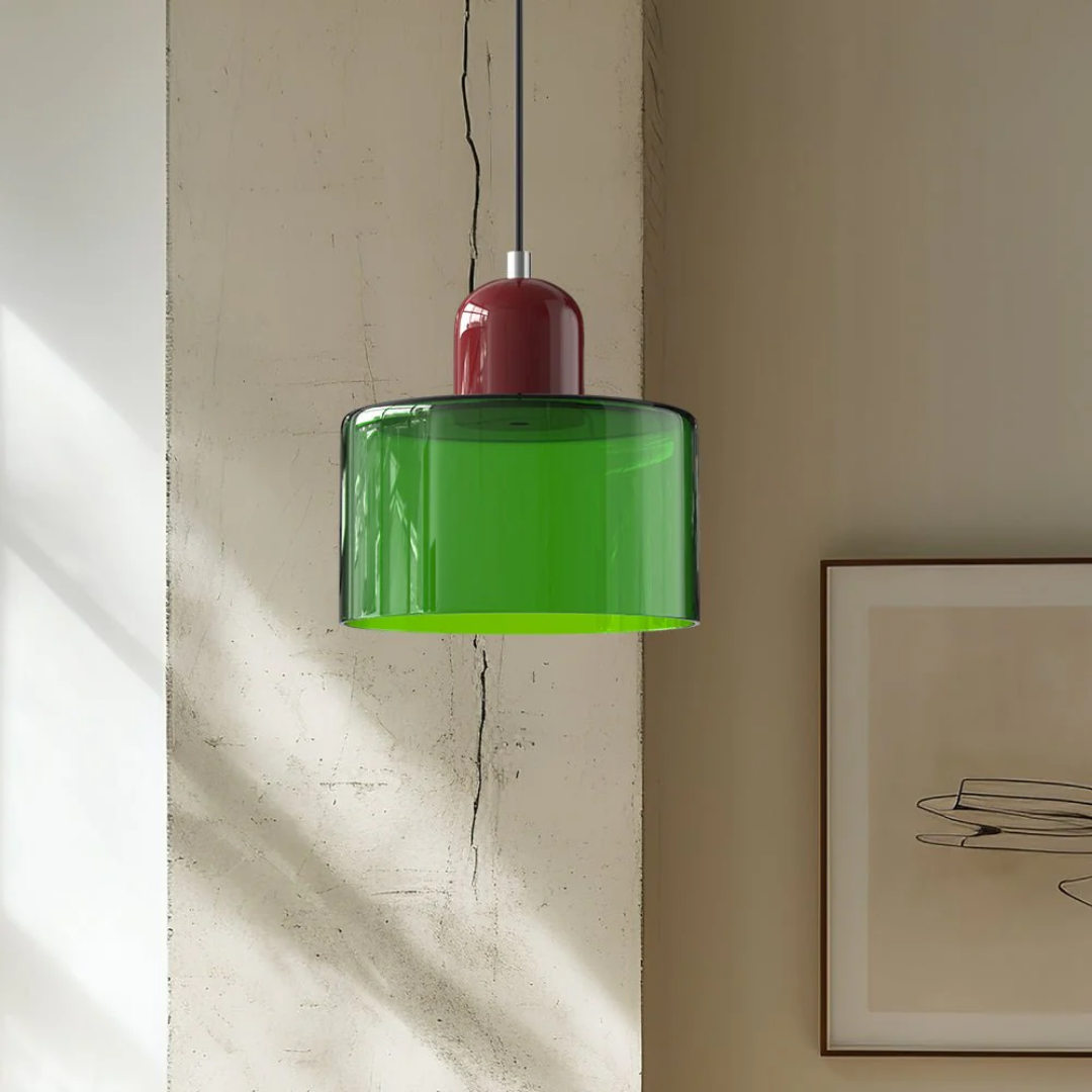 Retro Hanglamp met Oranje Glazen Kap & Groene Bovenzijde