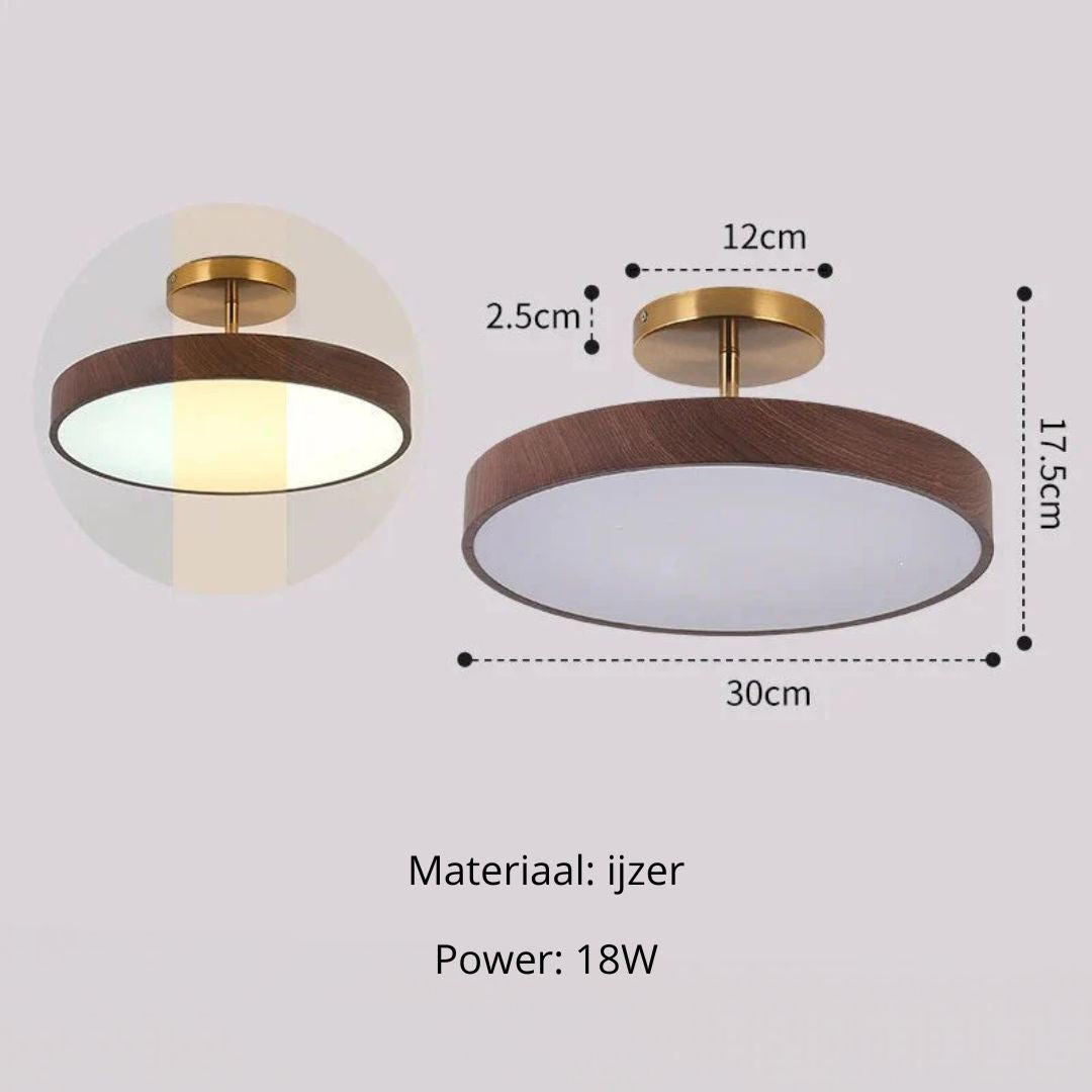 Fjell – Scandinavische Plafondlamp met Houtlook & Goudkleurig Montuur