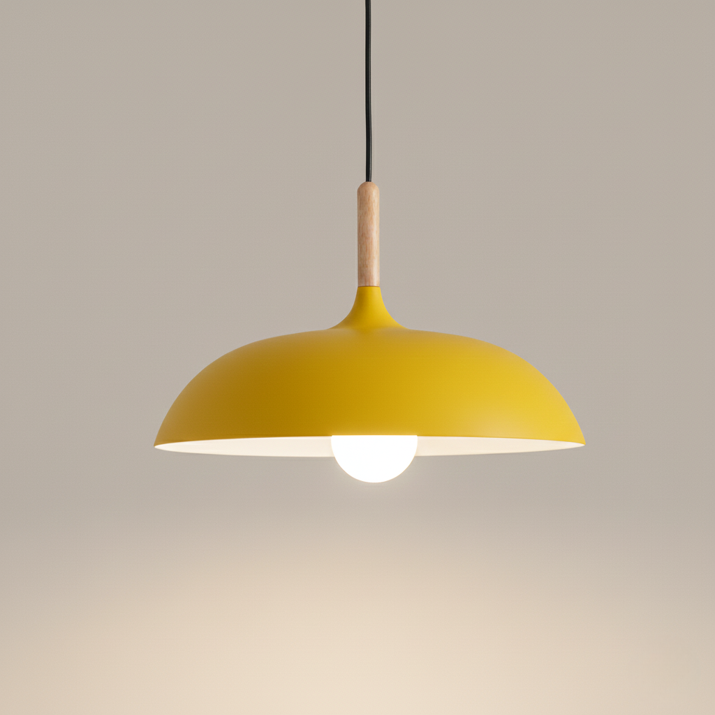 Kleurrijke Metalen Hanglamp met Houten Accent – Twee Maten