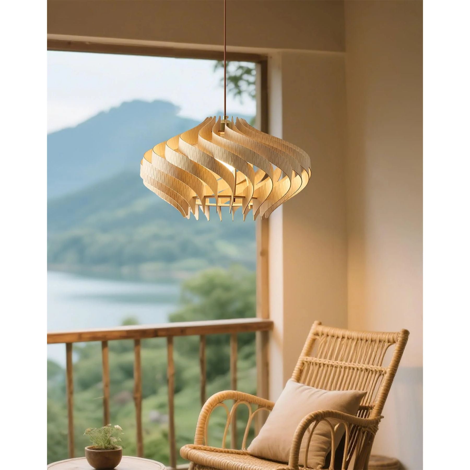 Japandi Houten Hanglamp met Spiraalvormige Lamellen
