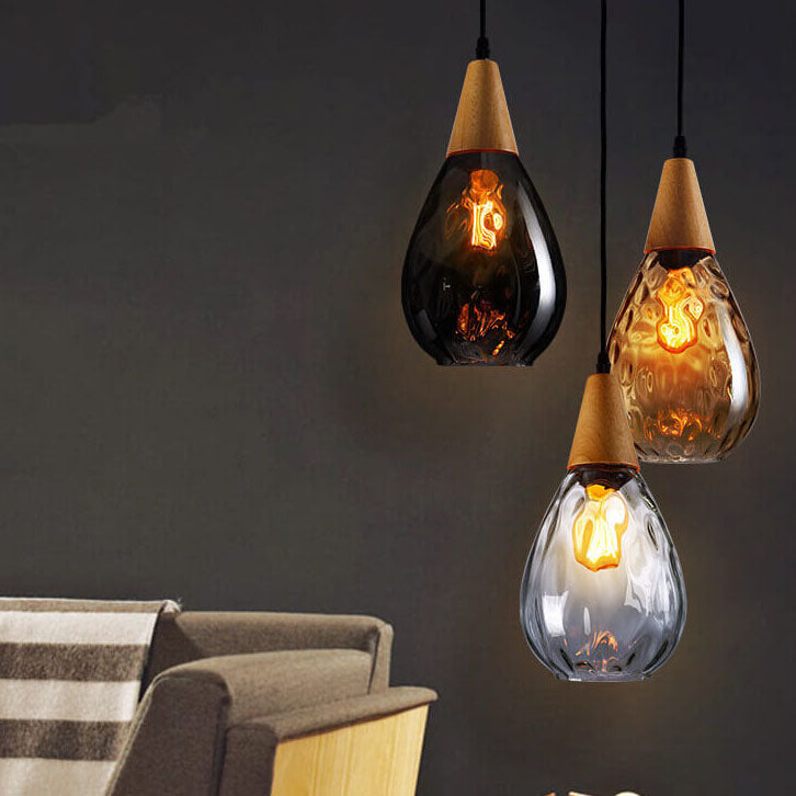 Moderne Glazen Hanglamp – Clear, Amber of Smoke Gray met Houten Accent