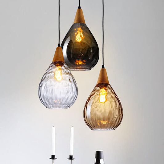 Moderne Glazen Hanglamp – Clear, Amber of Smoke Gray met Houten Accent