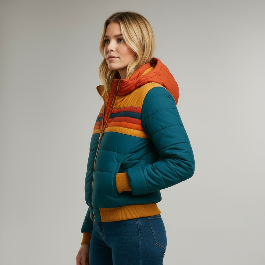 Doudoune Rétro avec Rayures Chaudes – Veste d'Hiver Colorée pour Femmes