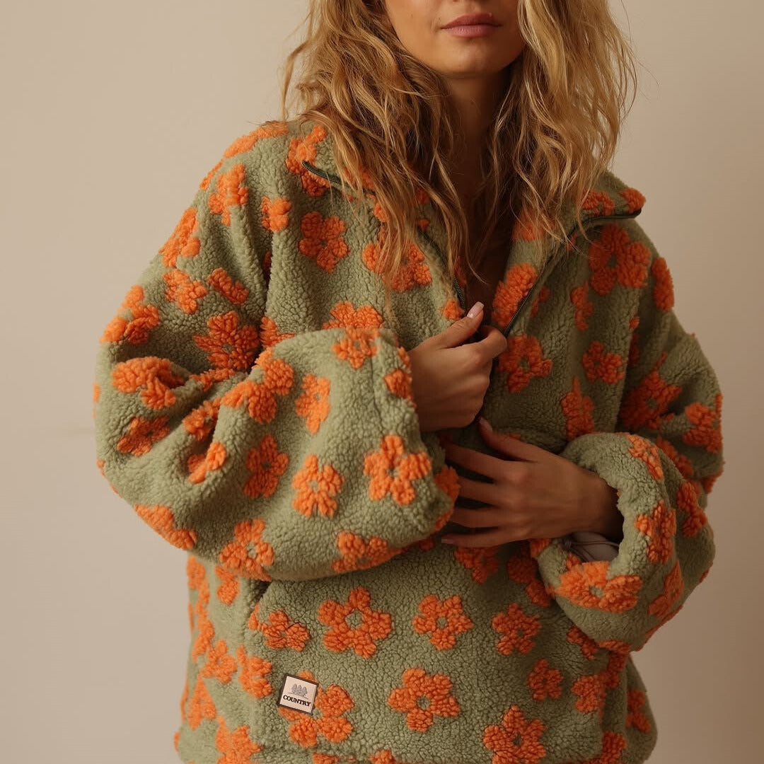 Dames Sherpa Trui met Bloemenprint – Zachte Boho Fleece voor Herfst & Winter