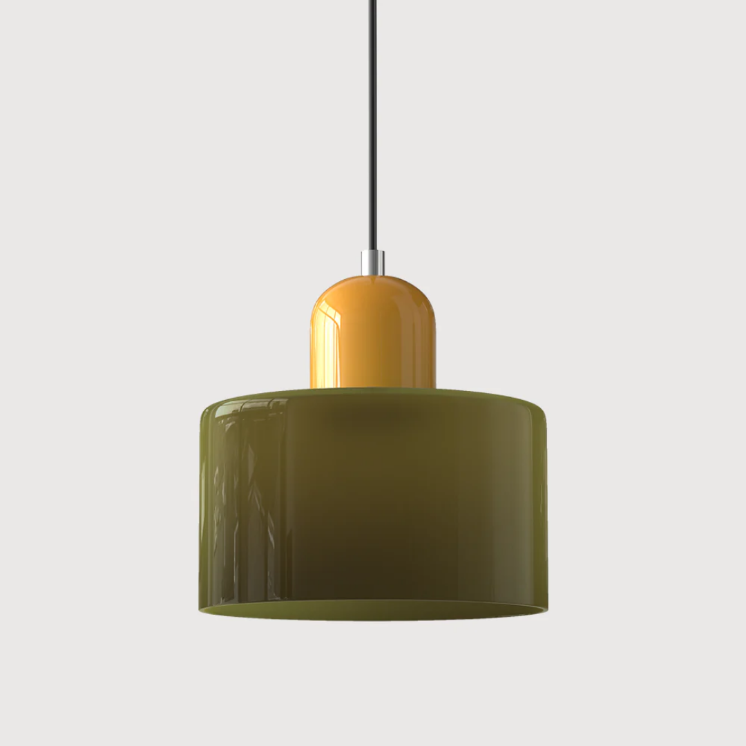 Retro Hanglamp met Oranje Glazen Kap & Groene Bovenzijde