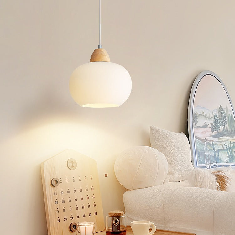 Scandinavische Houten Hanglamp – Witte Glazen Kap – Persimmon Design