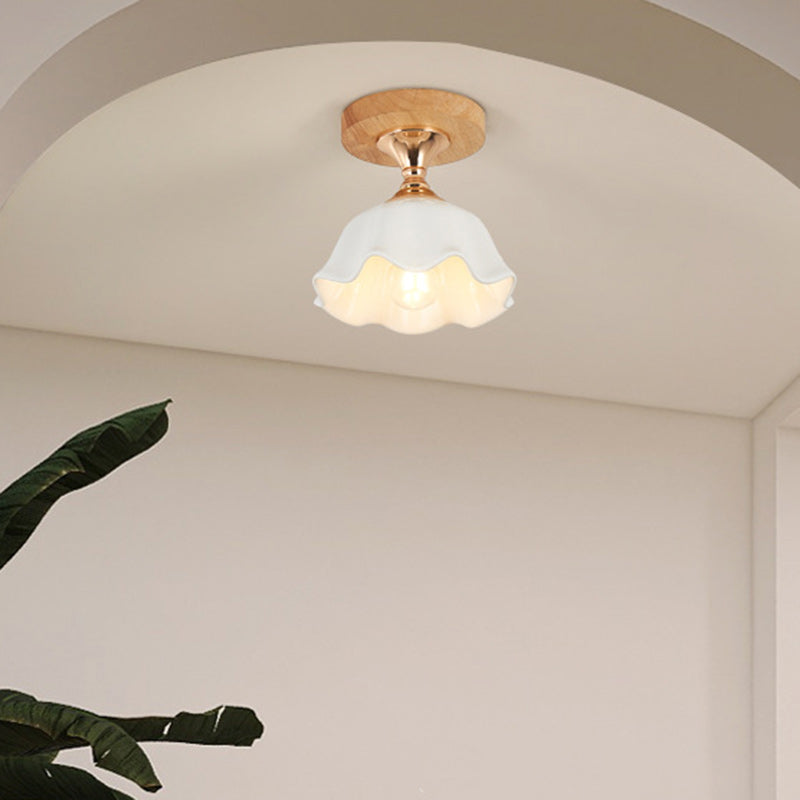 Minimalistische Scandinavische Plafondlamp – Hout & Glas – Wit – 220-240V (1 Lichtbron)