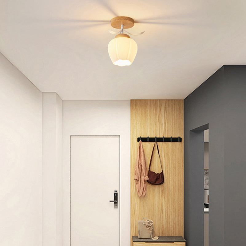 Minimalistische Scandinavische Plafondlamp – Hout & Glas – Wit – 220-240V (1 Lichtbron)