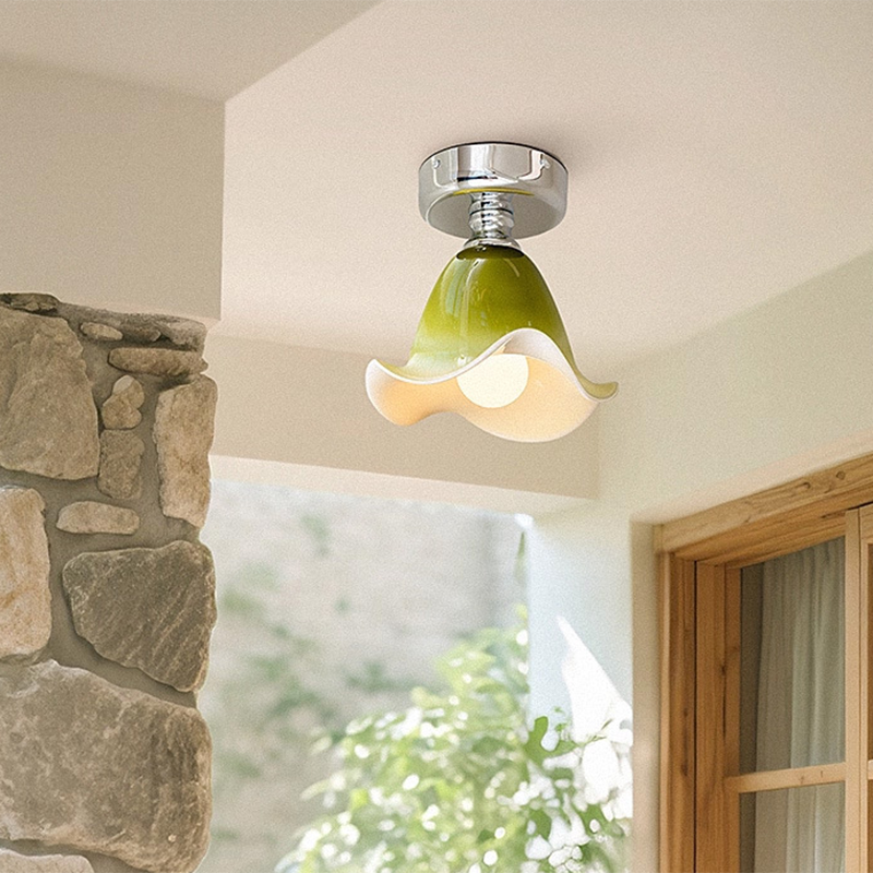 Franse Semi-Flush Plafondlamp met Groene Glazen Kap voor Slaapkamer en Woonkamer