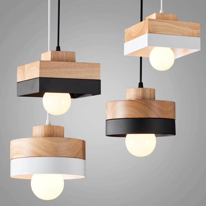 Moderne Hanglamp van Metaal en Hout – Zwart of Wit met Verstelbaar Snoer