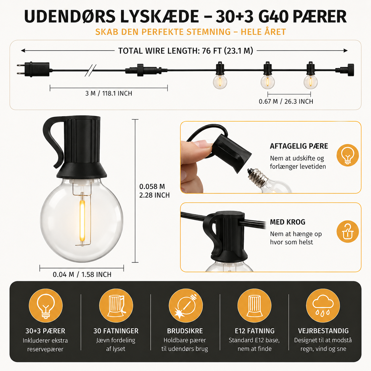 Buiten Lichtslinger met G40 Globe Lampen – Weerbestendige Tuin- & Terrasverlichting