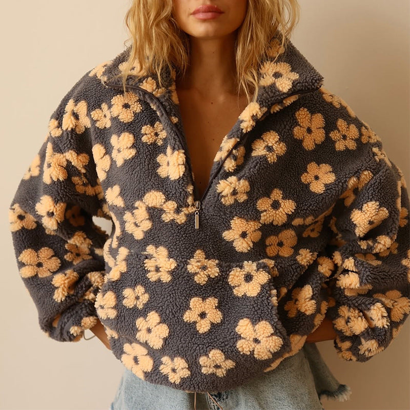 Dames Sherpa Trui met Bloemenprint – Zachte Boho Fleece voor Herfst & Winter