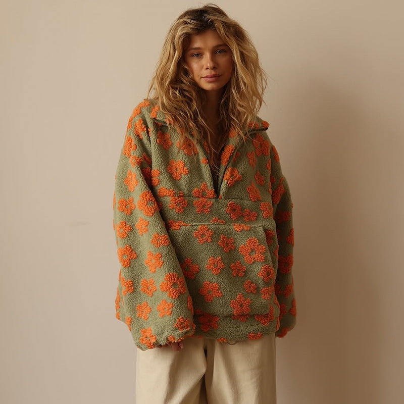 Dames Sherpa Trui met Bloemenprint – Zachte Boho Fleece voor Herfst & Winter