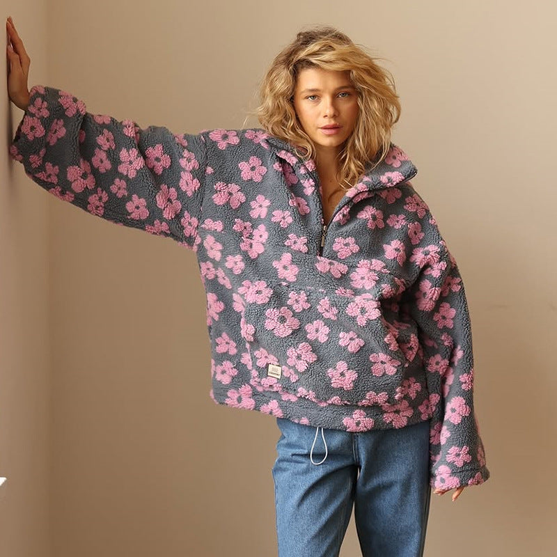 Dames Sherpa Trui met Bloemenprint – Zachte Boho Fleece voor Herfst & Winter