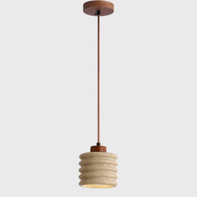 Industriële Gele Travertin Hanglamp met Houten Accent – E26 Fitting