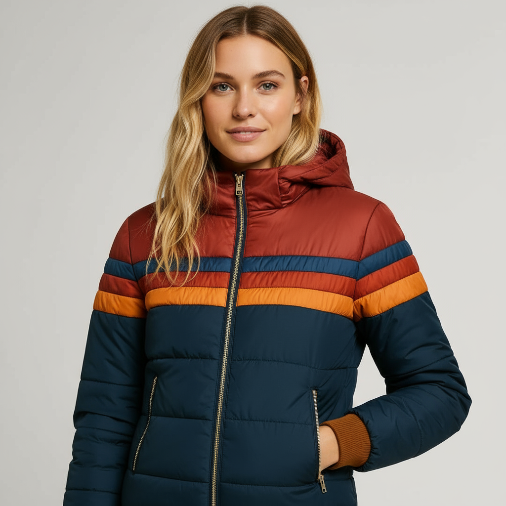 Doudoune Rétro avec Rayures Chaudes – Veste d'Hiver Colorée pour Femmes