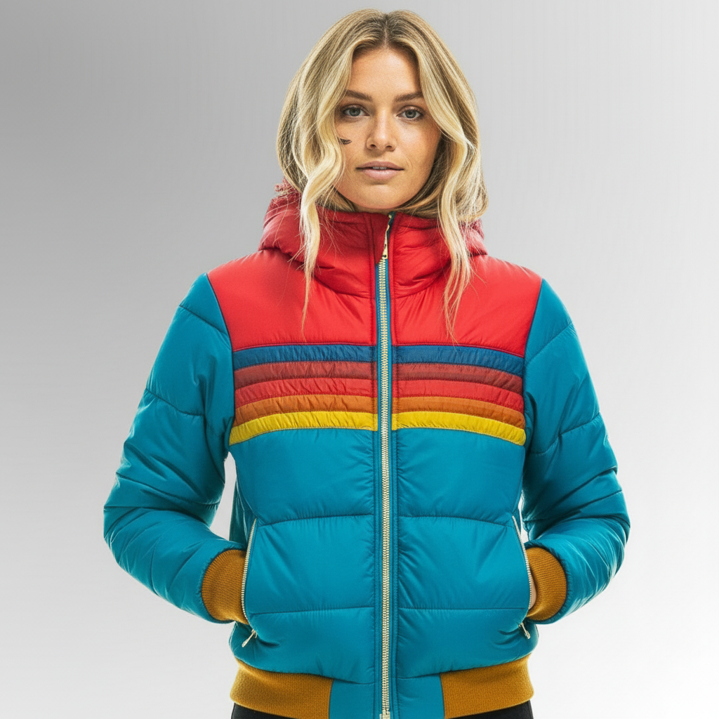 Retro Pufferjack met Warme Strepen – Kleurrijke Winterjas voor Dames