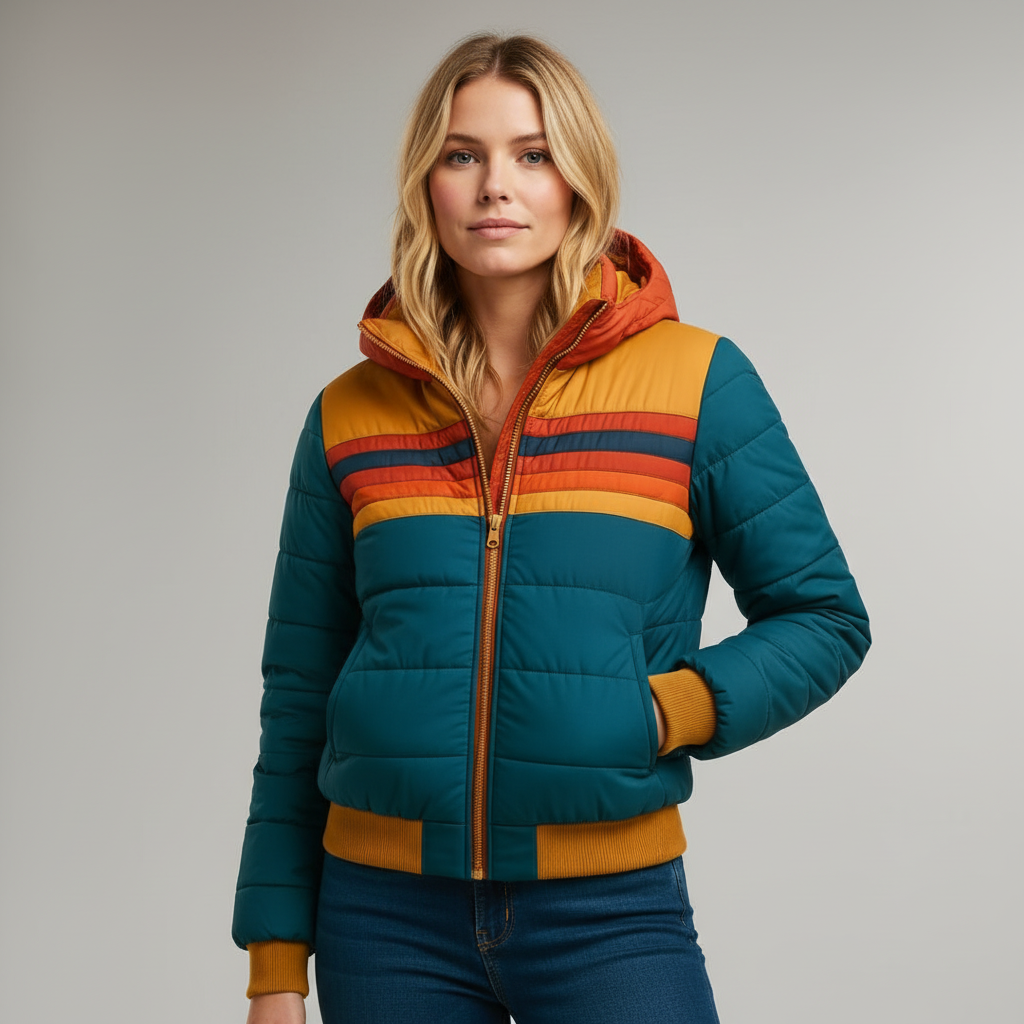 Doudoune Rétro avec Rayures Chaudes – Veste d'Hiver Colorée pour Femmes