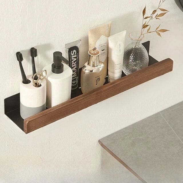 Étagère Murale en Bois Massif – Autocollante, Résistante à l’Humidité & Parfaite pour Salle de Bain