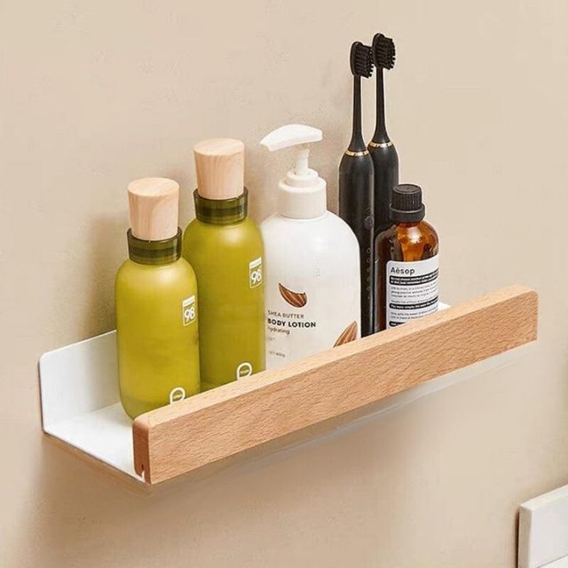 Étagère Murale en Bois Massif – Autocollante, Résistante à l’Humidité & Parfaite pour Salle de Bain