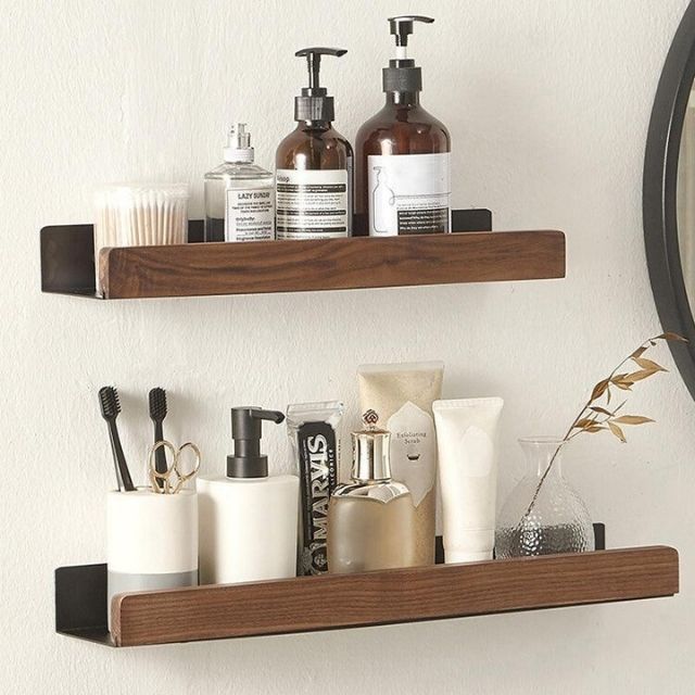 Étagère Murale en Bois Massif – Autocollante, Résistante à l’Humidité & Parfaite pour Salle de Bain
